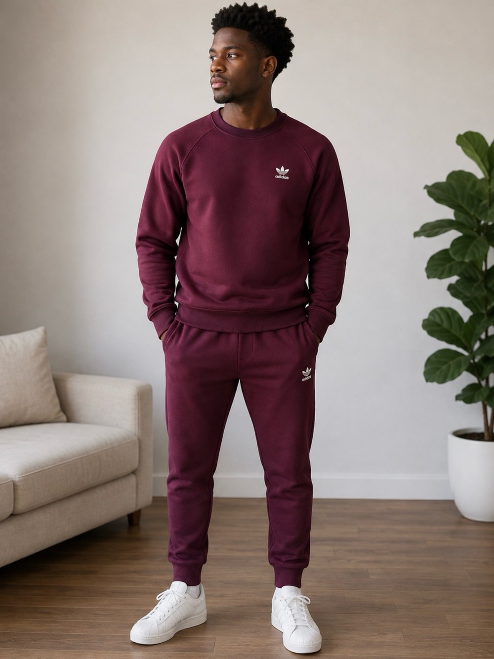 adidas Men's Maroon Crewneck Sweatshirt & Joggers Set